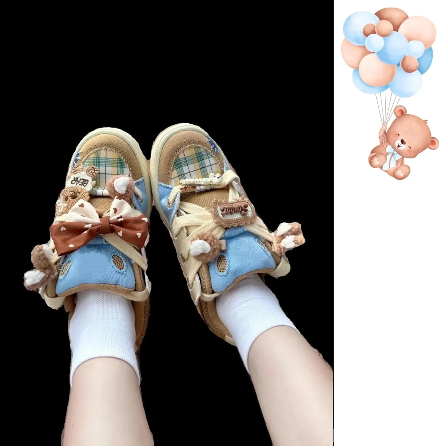 Cute Bear Platform Shoes - Kawaii Chunky Sneakers, Aesthetic Canvas and Denim Casual Shoes with Fun Attachments