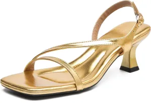 DADAWEN Women's Dressy Strappy Low Kitten Heel Square Open Toe Sandals Buckle Strap Summer Dress Shoes Pumps for Party Wedding Dance Evening