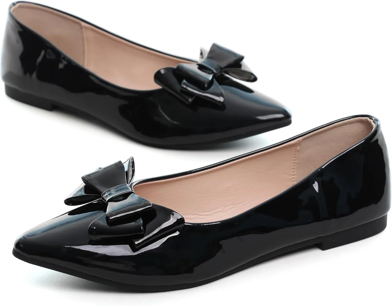 Dear Time Women's Patent Leather Ballet Flat with Bow Comfortable Pointy Slip-on Loafers