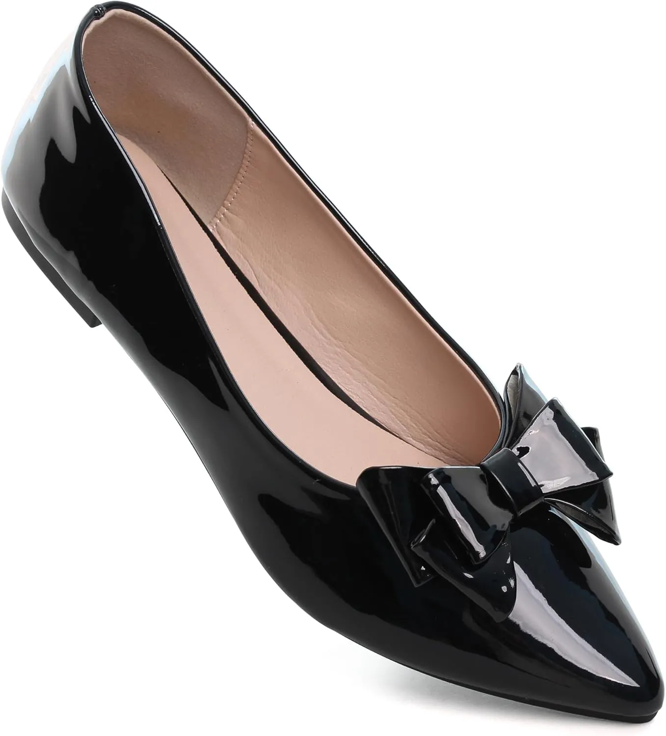 Dear Time Women's Patent Leather Ballet Flat with Bow Comfortable Pointy Slip-on Loafers