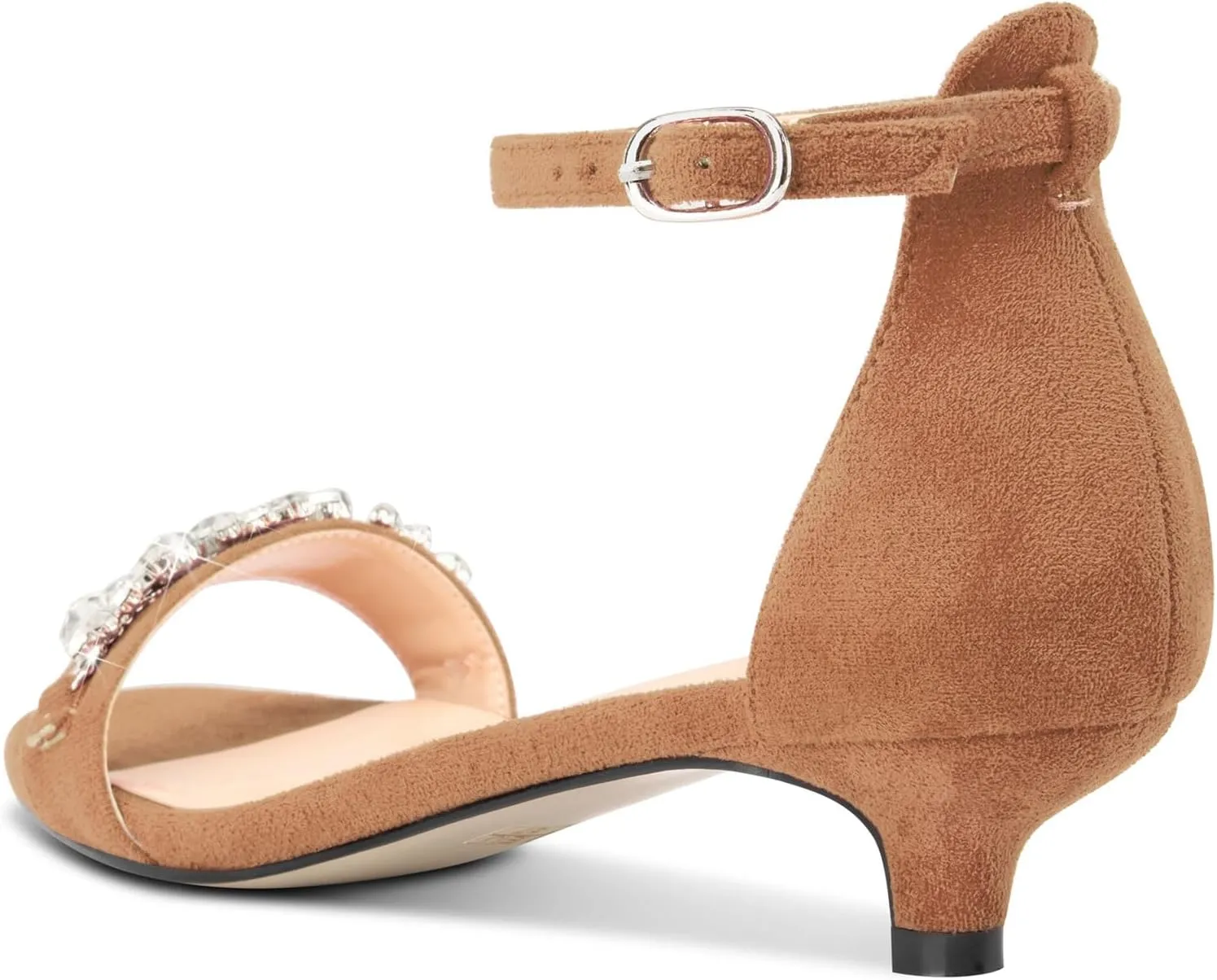 DearOnly Womens Low Kitten Heel Peep Open Toe Ankle Strap Sandals Rhinestone Crystal Buckle Office Summer Dress 1.4 Inches Heels