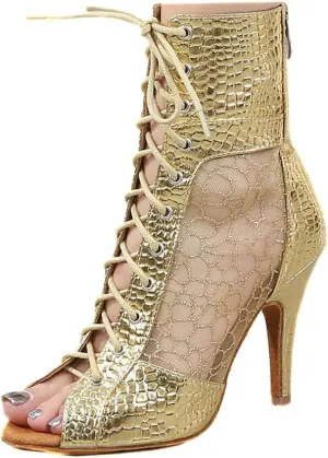 denova's Women's Lace-up High Heel Comfort Ankle Boot Zipper Dance Shoe for Latin Slasa Ballroom