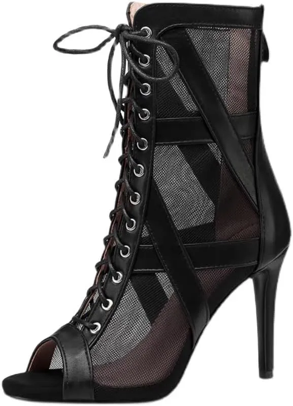 denova's Women's Lace-up High Heel Comfort Ankle Boot Zipper Dance Shoe for Latin Slasa Ballroom