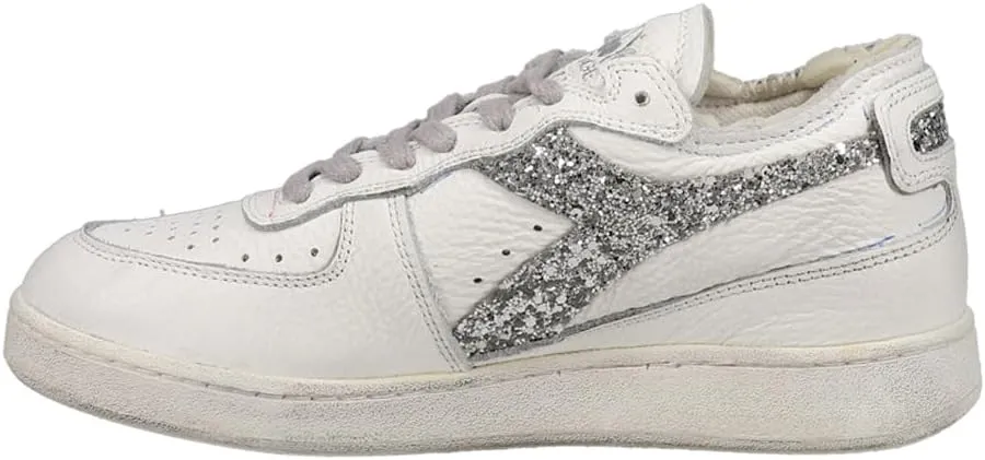 Diadora Womens Mi Basket Row Cut Andromeda Glitter Lace Up Sneakers Shoes Casual - White