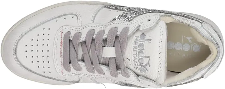Diadora Womens Mi Basket Row Cut Andromeda Glitter Lace Up Sneakers Shoes Casual - White