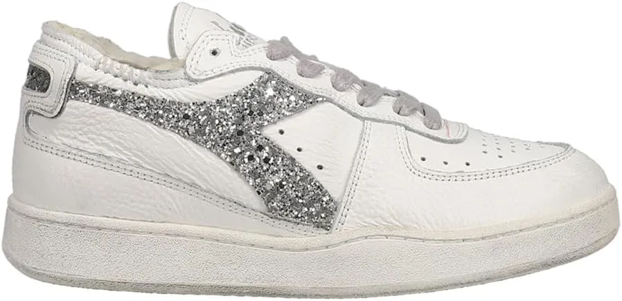 Diadora Womens Mi Basket Row Cut Andromeda Glitter Lace Up Sneakers Shoes Casual - White