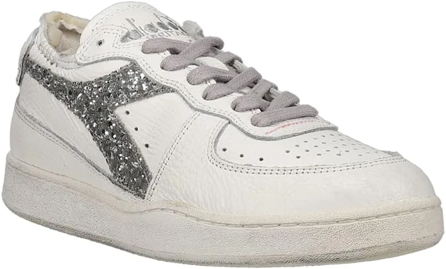 Diadora Womens Mi Basket Row Cut Andromeda Glitter Lace Up Sneakers Shoes Casual - White