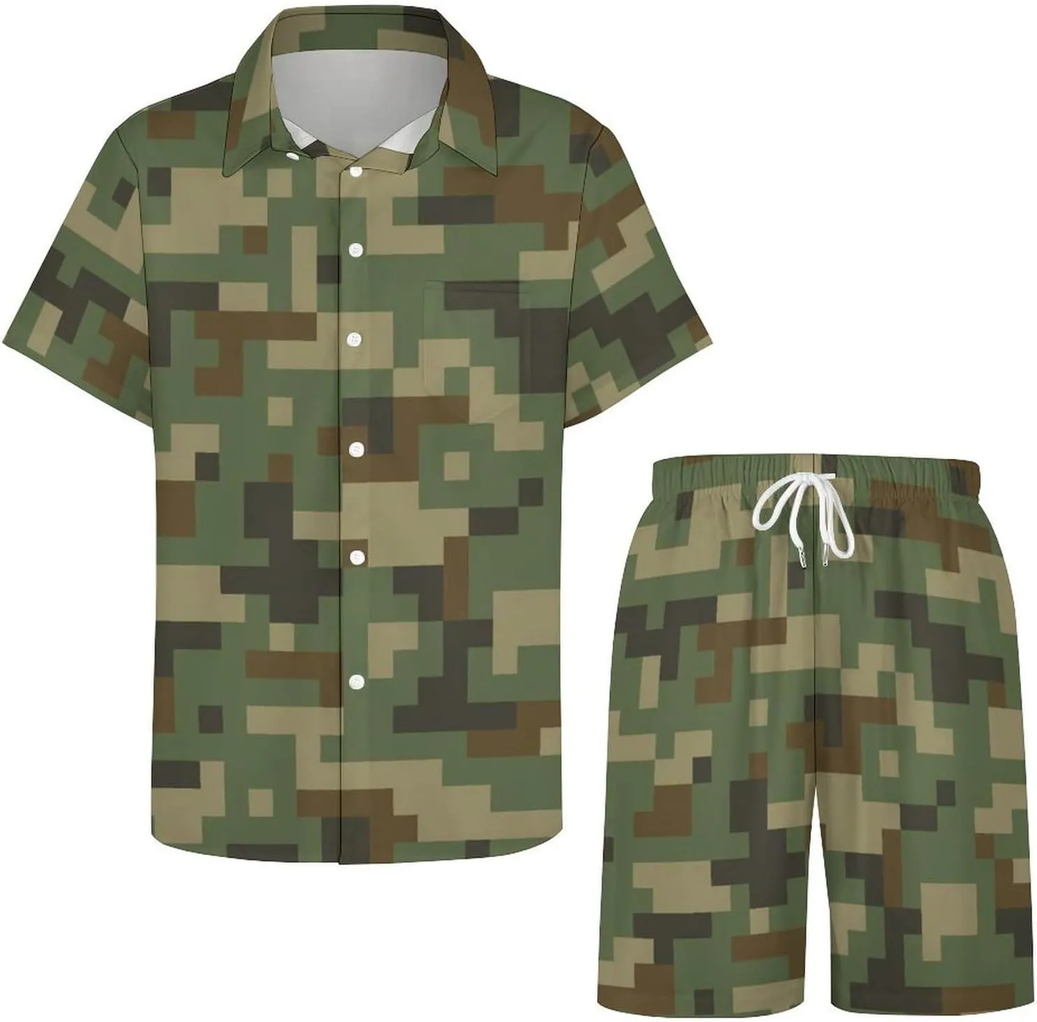 Digital Green CamouflageMen's Two-piece Casual Short-sleeved Shirt Summer Loose Vacation Suit