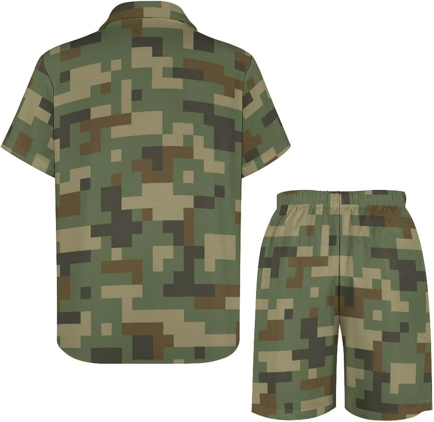 Digital Green CamouflageMen's Two-piece Casual Short-sleeved Shirt Summer Loose Vacation Suit