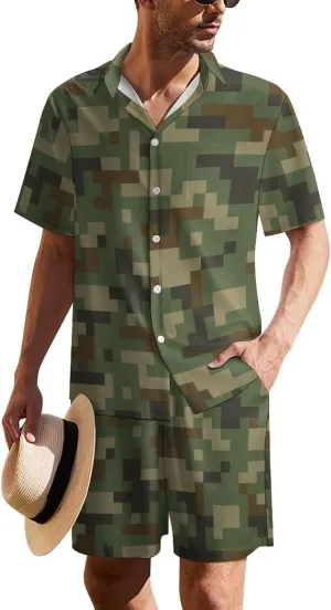 Digital Green CamouflageMen's Two-piece Casual Short-sleeved Shirt Summer Loose Vacation Suit