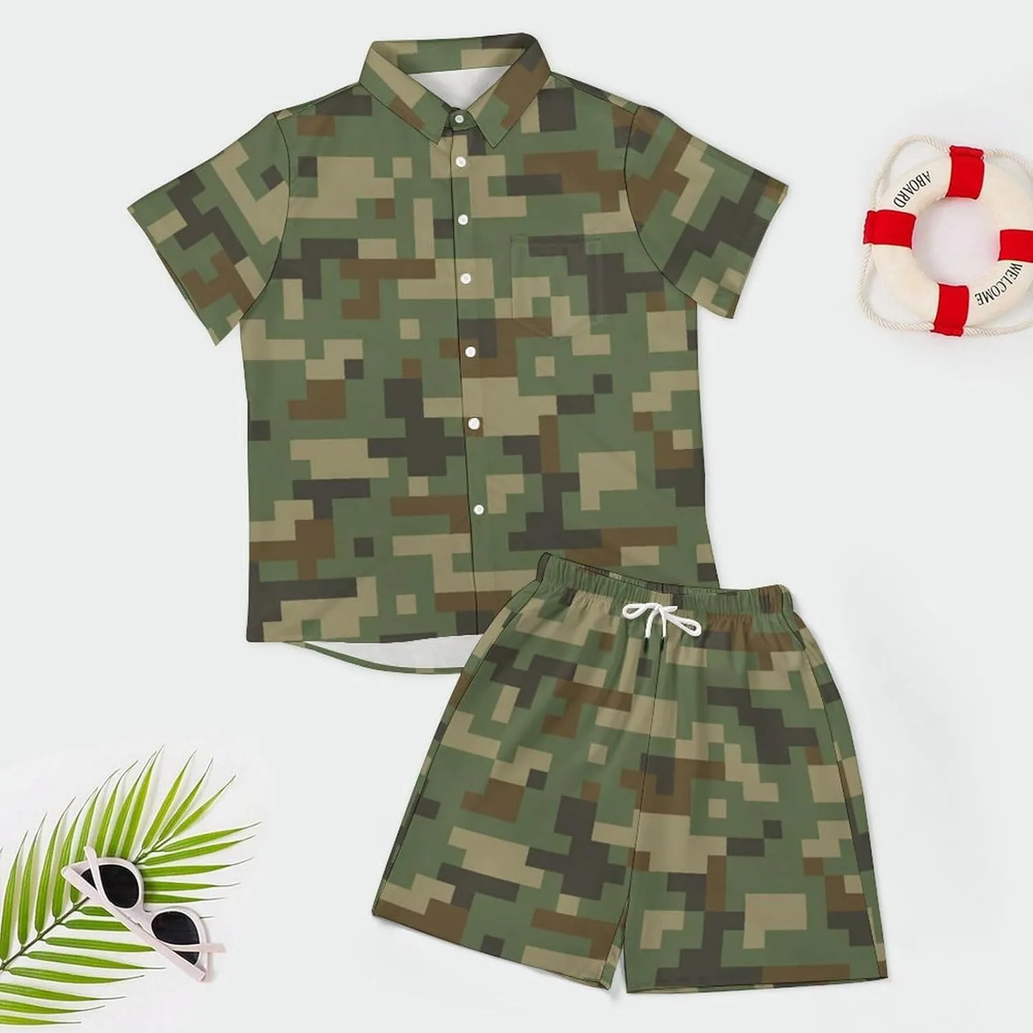 Digital Green CamouflageMen's Two-piece Casual Short-sleeved Shirt Summer Loose Vacation Suit