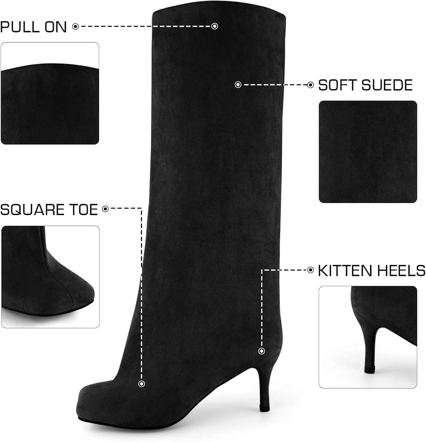 DOBOYG Suede Wide Calf Stiletto Long Fashion Boots for Women Pull On boots Kitten Heels Suede winter boots Nude Knee High Boots Comfortable Fall Boots
