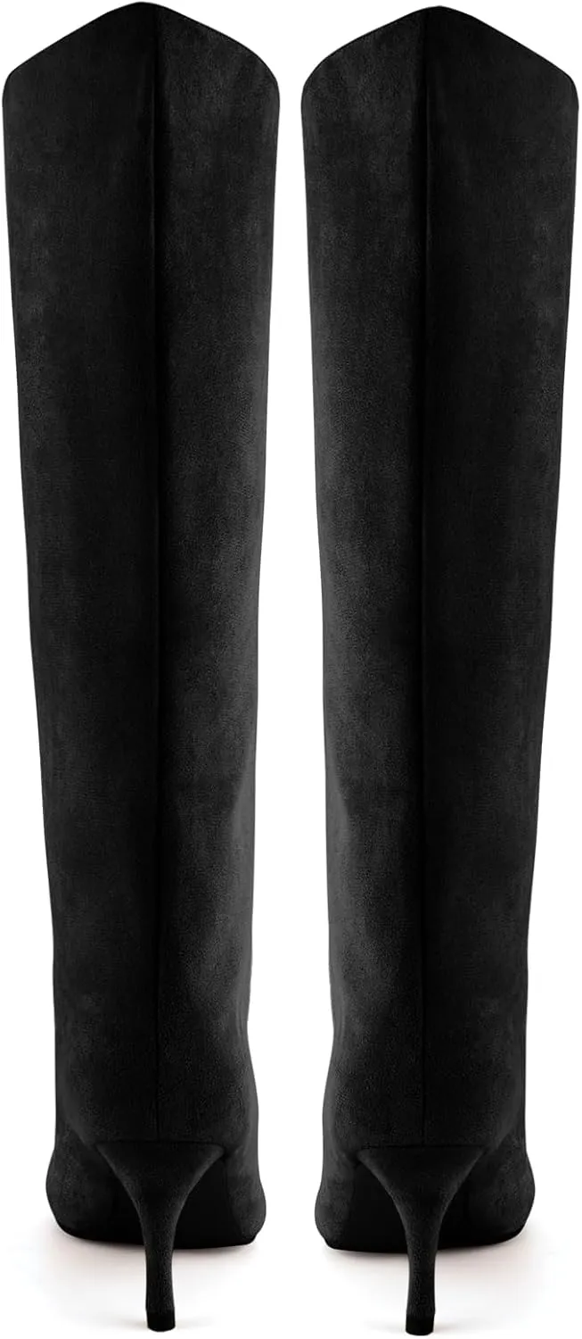 DOBOYG Suede Wide Calf Stiletto Long Fashion Boots for Women Pull On boots Kitten Heels Suede winter boots Nude Knee High Boots Comfortable Fall Boots