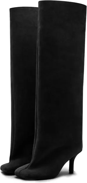 DOBOYG Suede Wide Calf Stiletto Long Fashion Boots for Women Pull On boots Kitten Heels Suede winter boots Nude Knee High Boots Comfortable Fall Boots