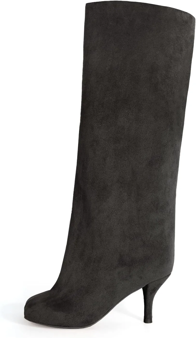 DOBOYG Suede Wide Calf Stiletto Long Fashion Boots for Women Pull On boots Kitten Heels Suede winter boots Nude Knee High Boots Comfortable Fall Boots