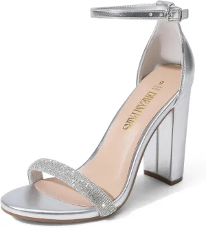 DREAM PAIRS Women's Hi-Chunk High Heel Pump Sandals,Size 9,Silver-Rhinestone,HI-CHUNK