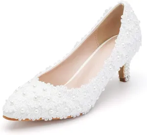 Dressfirst Women's Bridal Stiletto Heel Closed Toe Pumps with Imitation Pearl Applique,1.97"…