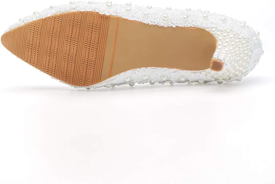 Dressfirst Women's Bridal Stiletto Heel Closed Toe Pumps with Imitation Pearl Applique,1.97"…