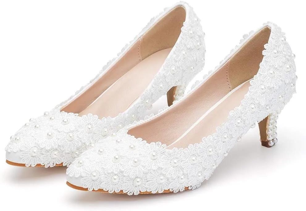 Dressfirst Women's Bridal Stiletto Heel Closed Toe Pumps with Imitation Pearl Applique,1.97"…