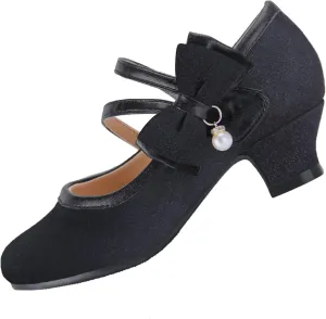 EIGHT KM Girls High Heel Dress Shoes Mary Jane Princess Wedding Party Pump Shoes EKM7035 Sparkle Glittery Minerva Pearl Bow Black US Toddler Size 7