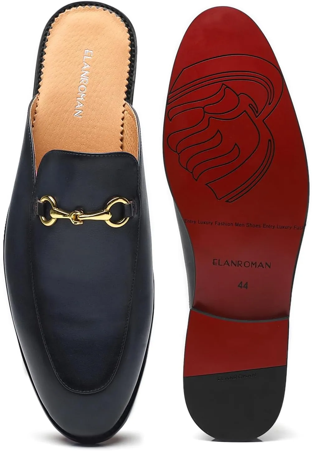 ELANROMAN Men's Loafers Backless Genuine Leather Mules Horse Buckle Shoes