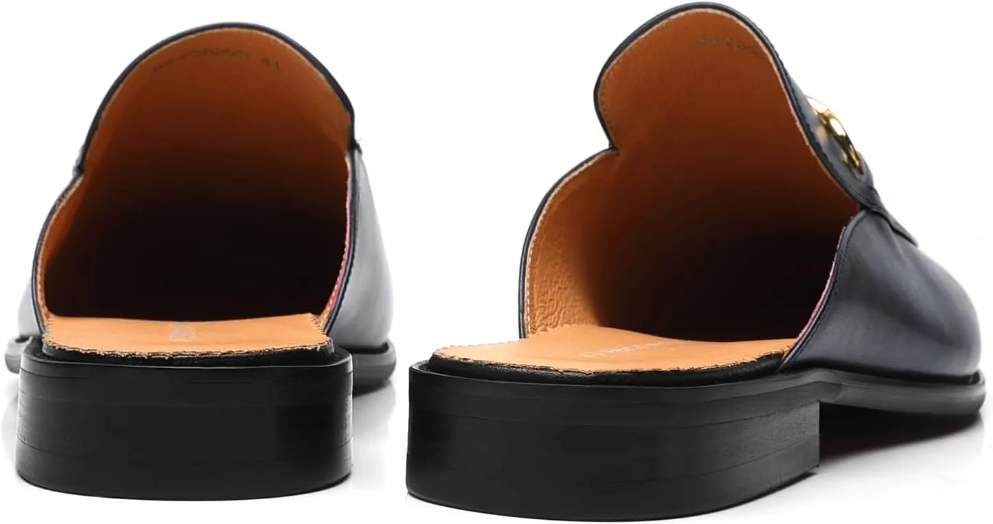 ELANROMAN Men's Loafers Backless Genuine Leather Mules Horse Buckle Shoes