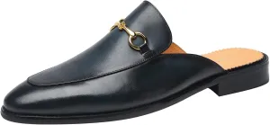 ELANROMAN Men's Loafers Backless Genuine Leather Mules Horse Buckle Shoes