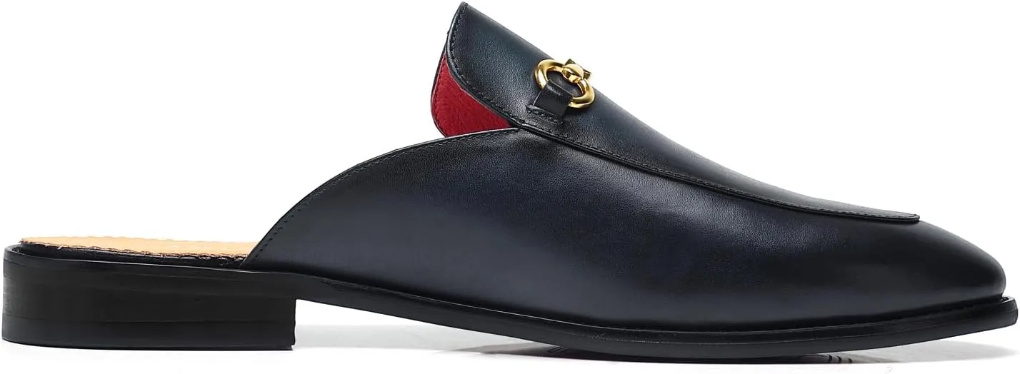 ELANROMAN Men's Loafers Backless Genuine Leather Mules Horse Buckle Shoes