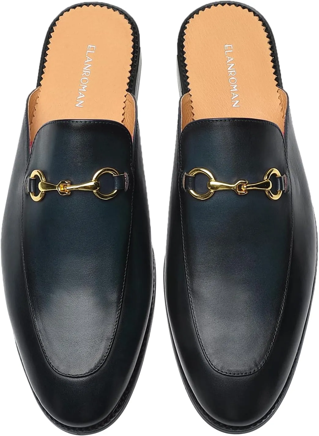 ELANROMAN Men's Loafers Backless Genuine Leather Mules Horse Buckle Shoes