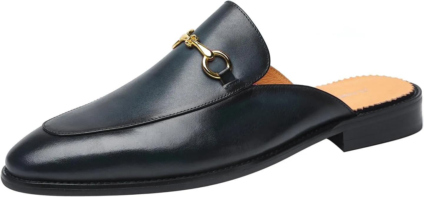 ELANROMAN Men's Loafers Backless Genuine Leather Mules Horse Buckle Shoes