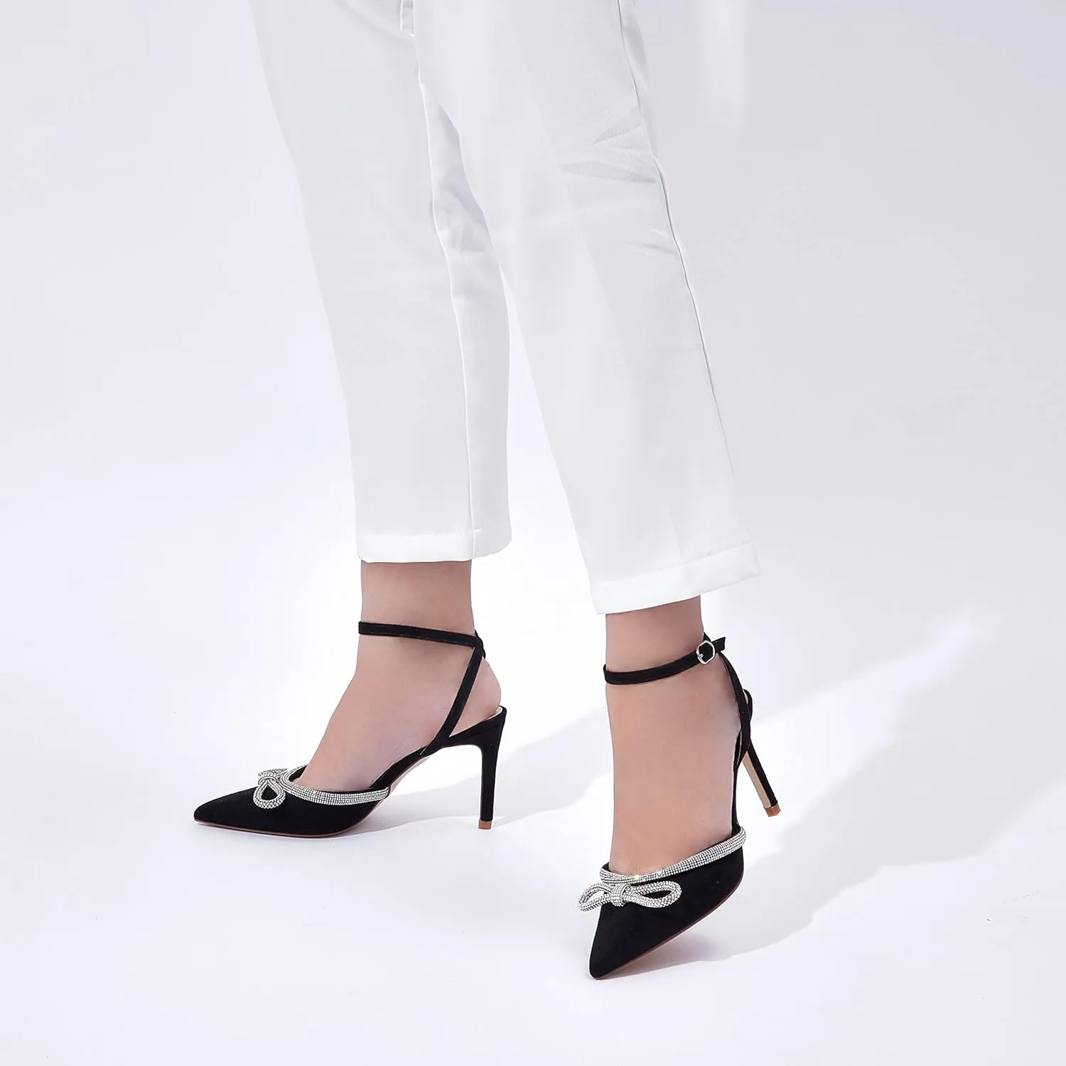 Elisabet Tang Women's High Heel Pumps,Rhinestone Strip Bowknot Ankle Buckle Straps Heels Stiletto Sandals Suede Pointed Closed Toe Strappy Heels Pumps Wedding Dress Shoes