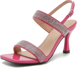 Enelauge Women's Strappy Square Toe Rhinestone Stiletto High Heeled Sandals Slingback Heels Summer Wedding Party Dress Shoes