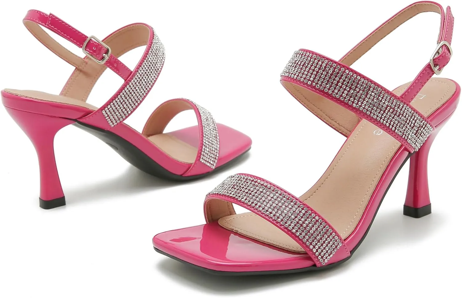 Enelauge Women's Strappy Square Toe Rhinestone Stiletto High Heeled Sandals Slingback Heels Summer Wedding Party Dress Shoes