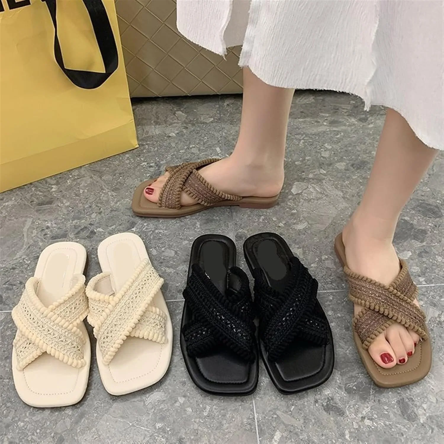 Ethnic style sandals and slippers 2024 summer retro woven cross flat slippers