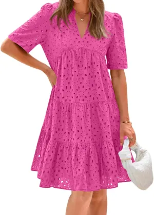 Eyelet Dresses for Women 2025 Loose V Neck Short Sleeve Ruffled Knee Length Dress Boho Summer Beach Short Dresses
