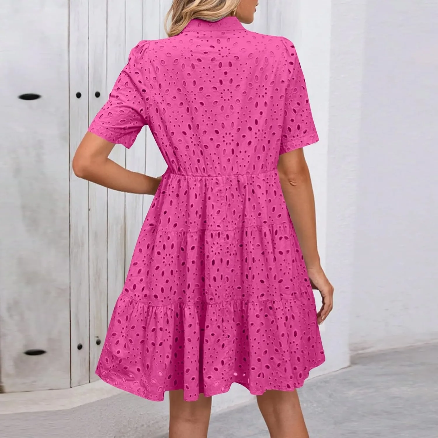Eyelet Dresses for Women 2025 Loose V Neck Short Sleeve Ruffled Knee Length Dress Boho Summer Beach Short Dresses