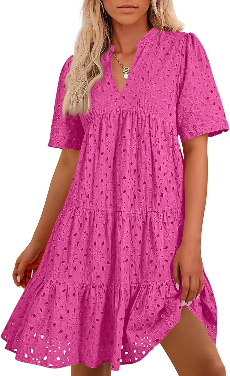 Eyelet Dresses for Women 2025 Loose V Neck Short Sleeve Ruffled Knee Length Dress Boho Summer Beach Short Dresses