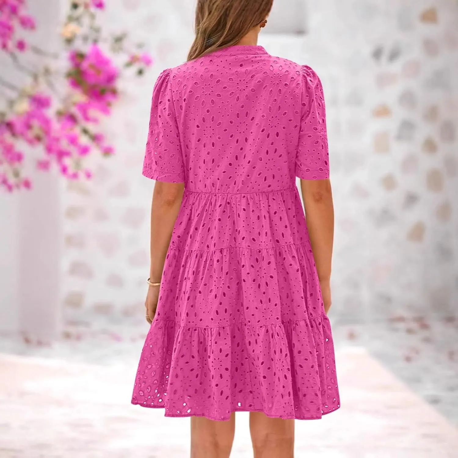 Eyelet Dresses for Women 2025 Loose V Neck Short Sleeve Ruffled Knee Length Dress Boho Summer Beach Short Dresses