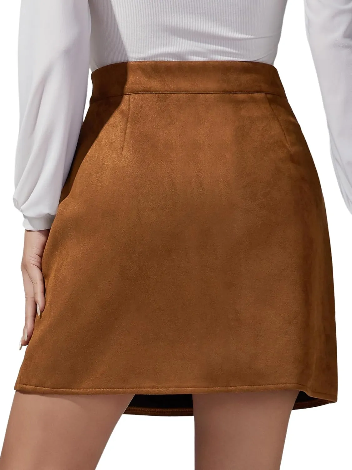 Ezcosplay Women Faux Suede Mini Skirt with Slit High Waisted Button Front A-Line Bodycon Short Skirts
