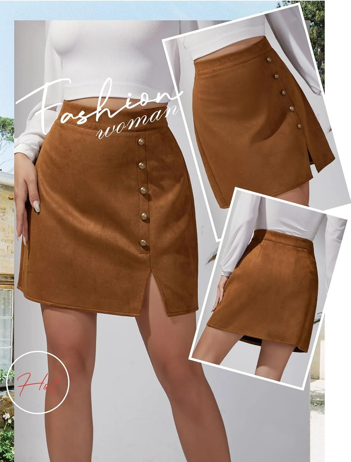 Ezcosplay Women Faux Suede Mini Skirt with Slit High Waisted Button Front A-Line Bodycon Short Skirts