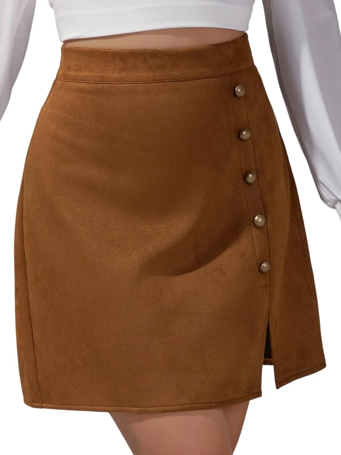 Ezcosplay Women Faux Suede Mini Skirt with Slit High Waisted Button Front A-Line Bodycon Short Skirts