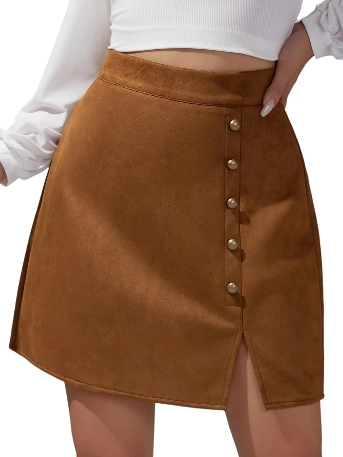 Ezcosplay Women Faux Suede Mini Skirt with Slit High Waisted Button Front A-Line Bodycon Short Skirts