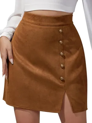 Ezcosplay Women Faux Suede Mini Skirt with Slit High Waisted Button Front A-Line Bodycon Short Skirts