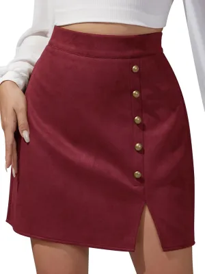 Ezcosplay Women Faux Suede Mini Skirt with Slit High Waisted Button Front A-Line Bodycon Short Skirts