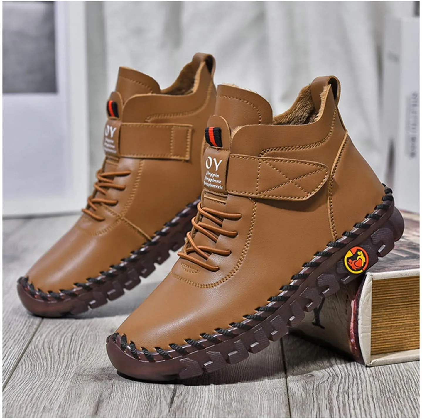 FAIRSOMA Women's Leather High Top Flat Sneakers with Adjustable Strap,Fashion Lightweight Lace Up Loafers Casual Warm Platform Ankle Boot Shoes Comfort Non-Slip Walking Shoes Soft Bottom Mom Shoes​