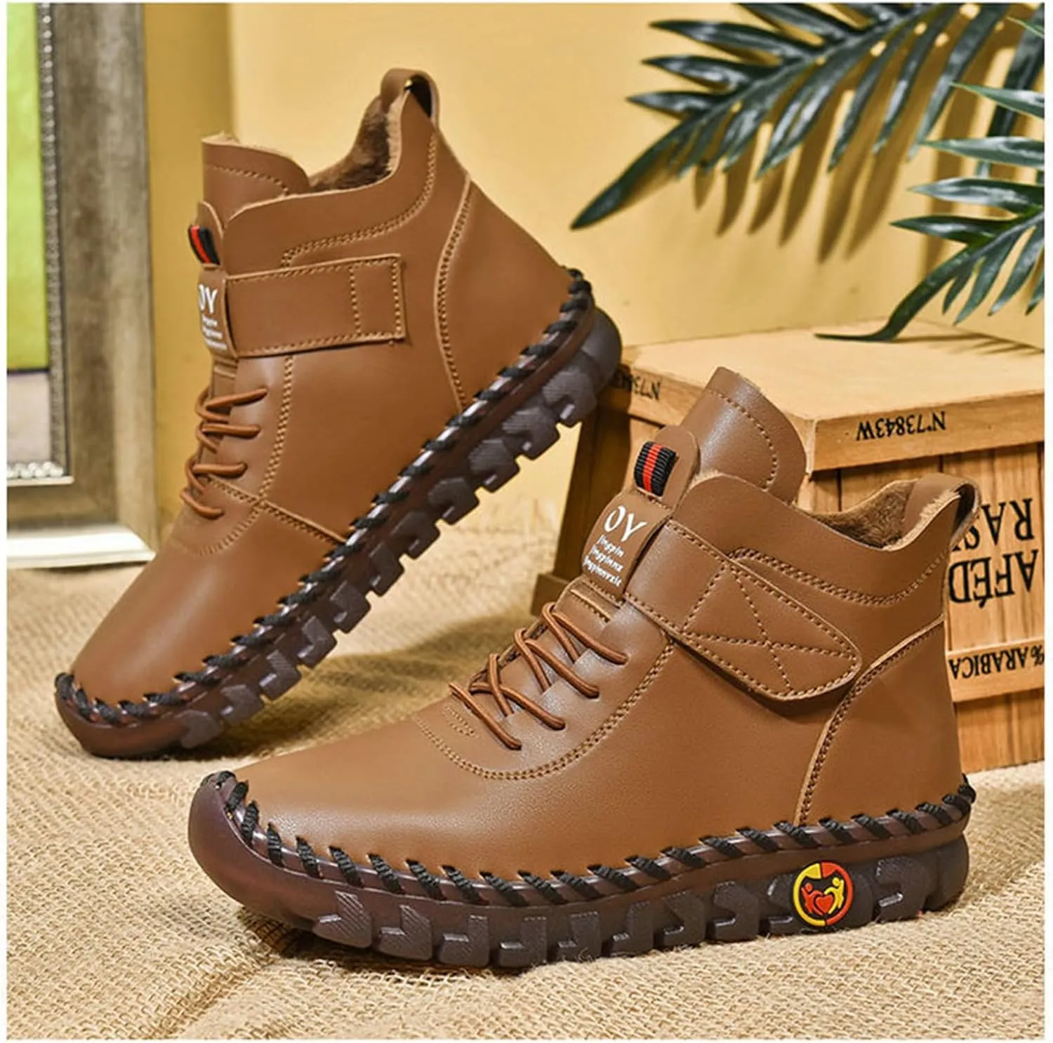 FAIRSOMA Women's Leather High Top Flat Sneakers with Adjustable Strap,Fashion Lightweight Lace Up Loafers Casual Warm Platform Ankle Boot Shoes Comfort Non-Slip Walking Shoes Soft Bottom Mom Shoes​