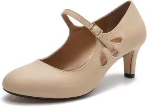 fereshte Women's Men's Mary Jane Hollow Out Round Toe Mid Kitten Heel Pumps Shoes