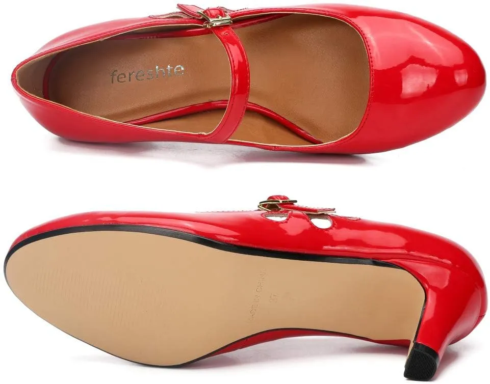 fereshte Women's Men's Mary Jane Hollow Out Round Toe Mid Kitten Heel Pumps Shoes
