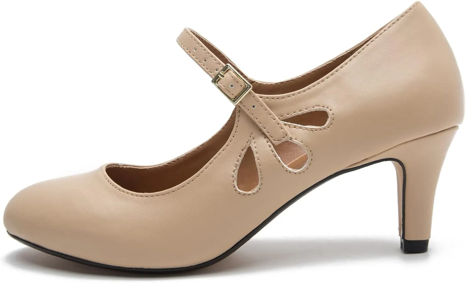 fereshte Women's Men's Mary Jane Hollow Out Round Toe Mid Kitten Heel Pumps Shoes