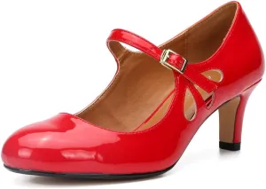 fereshte Women's Men's Mary Jane Hollow Out Round Toe Mid Kitten Heel Pumps Shoes